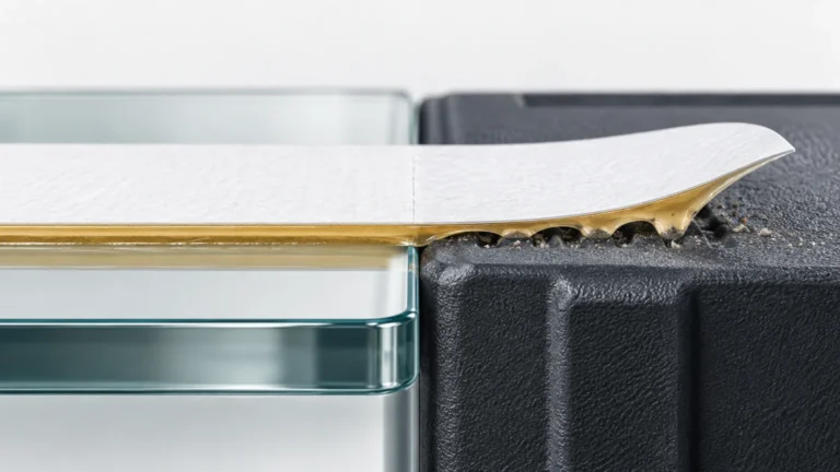 Close-up cross-section-style view of a white adhesive label spanning smooth glass on the left and a dusty, rough black surface on the right, where the label lifts and amber adhesive separates around debris and texture.