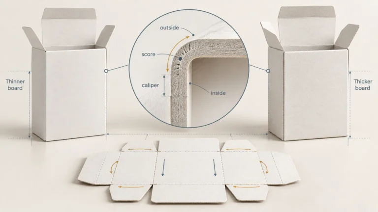Technical illustration comparing open folding cartons made from thinner and thicker paperboard, with a central magnified cross-section labeling the score, caliper, inside, and outside of a folded corner; an unfolded carton dieline with fold arrows appears below.