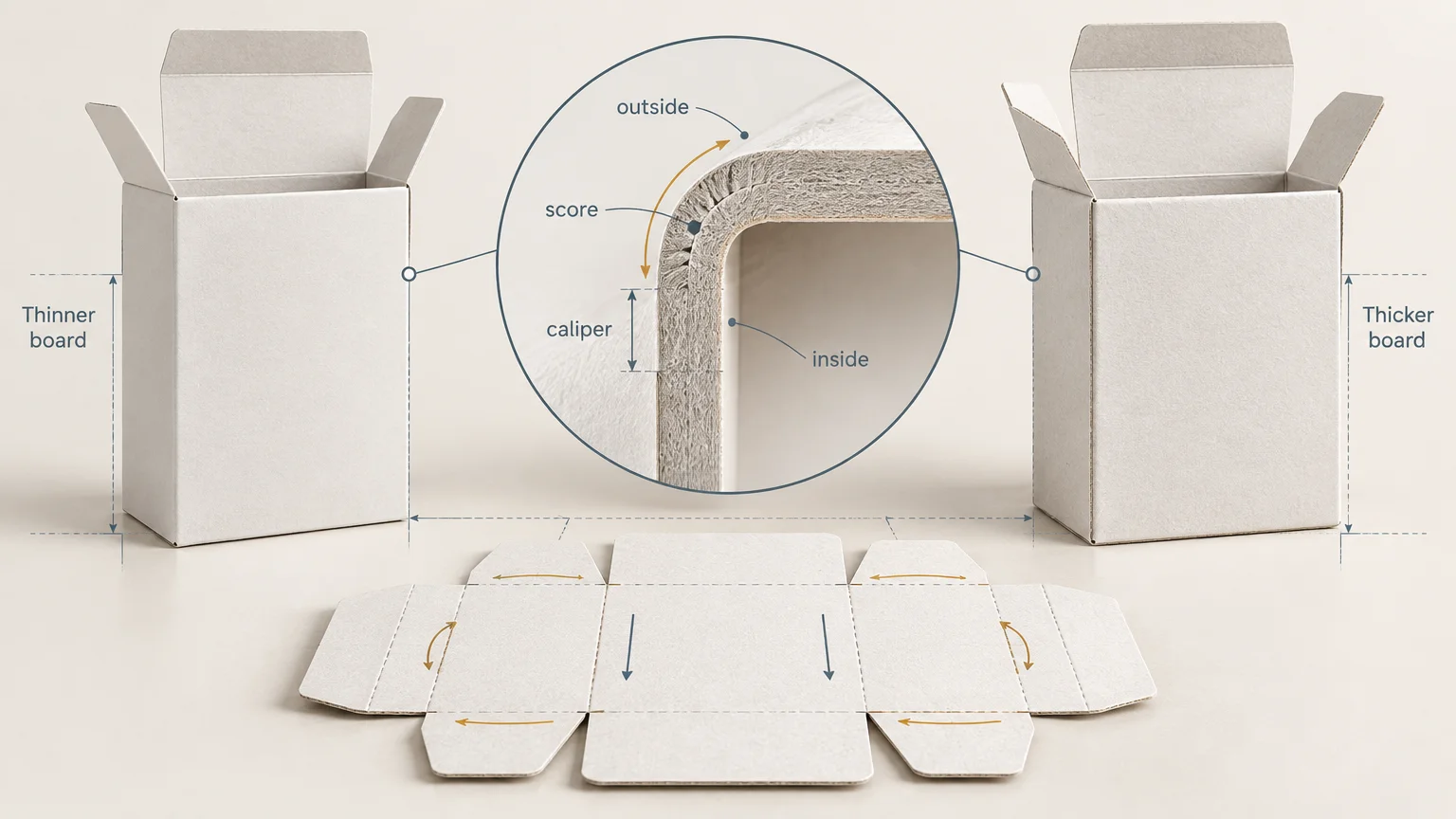 Technical illustration comparing open folding cartons made from thinner and thicker paperboard, with a central magnified cross-section labeling the score, caliper, inside, and outside of a folded corner; an unfolded carton dieline with fold arrows appears below.