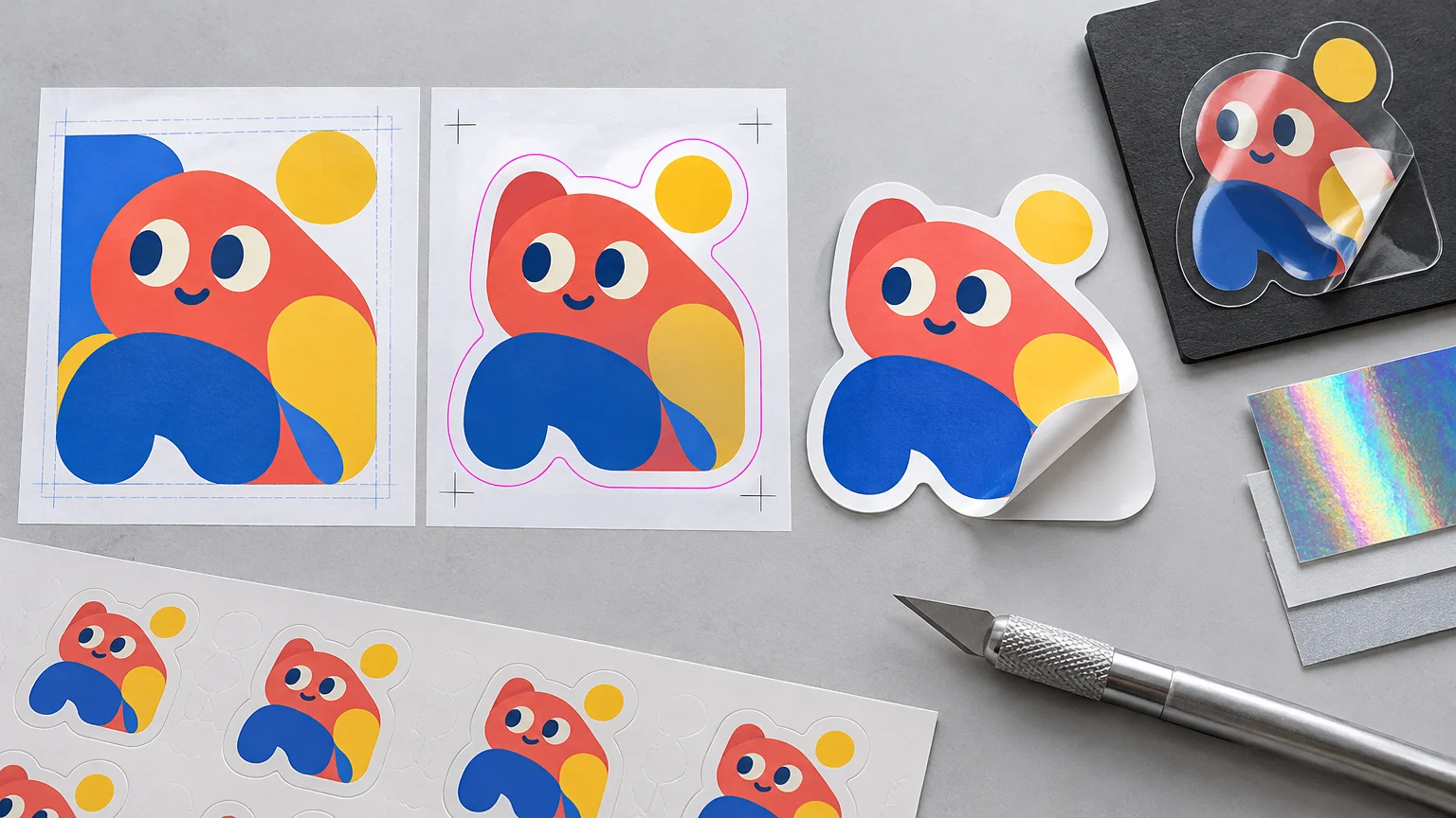 Editorial flat lay showing a colorful character sticker progressing from a rectangular proof with blue guides to a magenta contour-cut proof, finished die-cut sticker with peeled backing, sticker sheet, material swatches, and a craft knife.