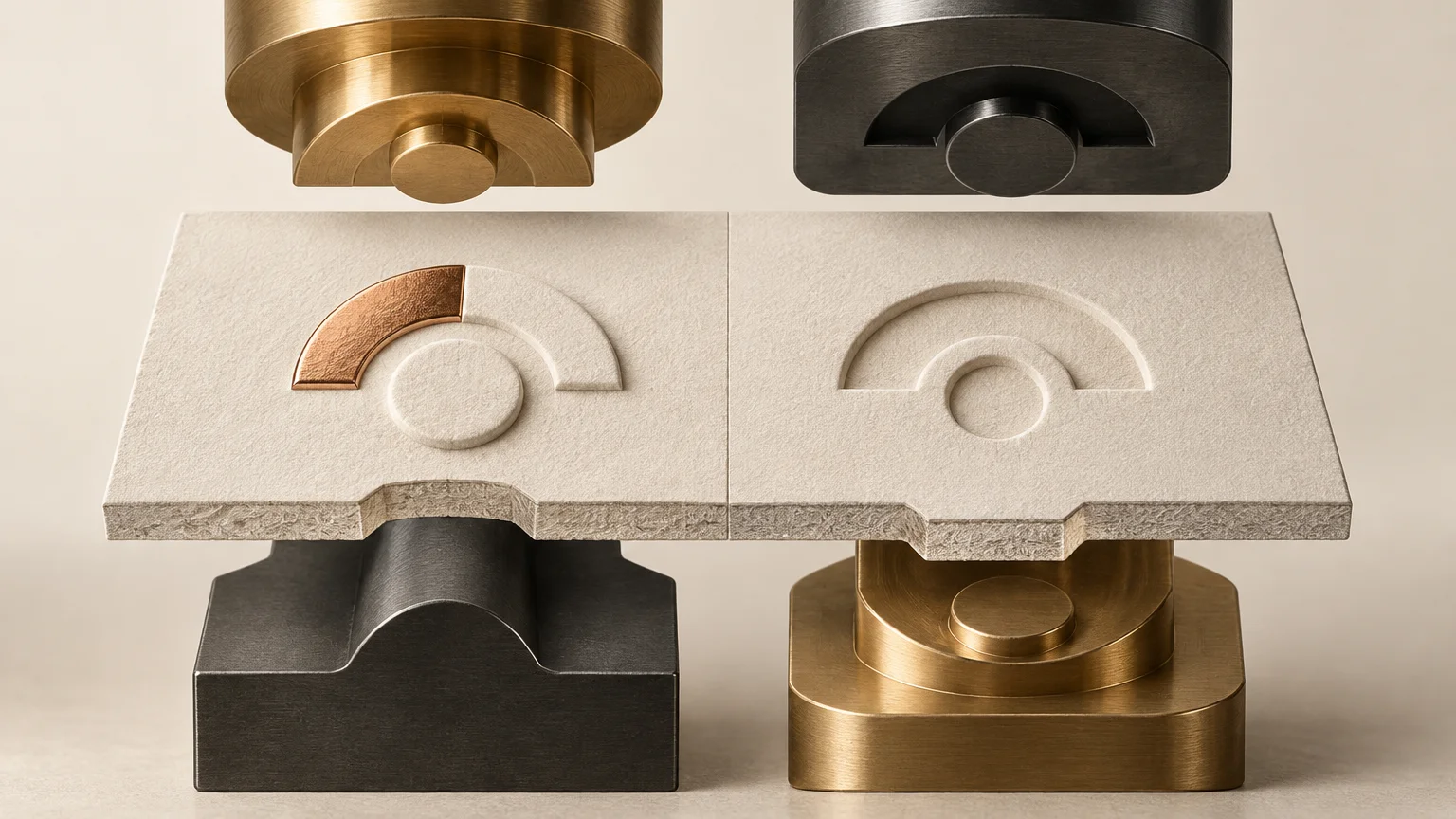 Horizontal technical illustration showing two metal die-and-counterdie assemblies pressing a thick textured paper sheet, with raised and recessed semicircular forms visible in cutaway.