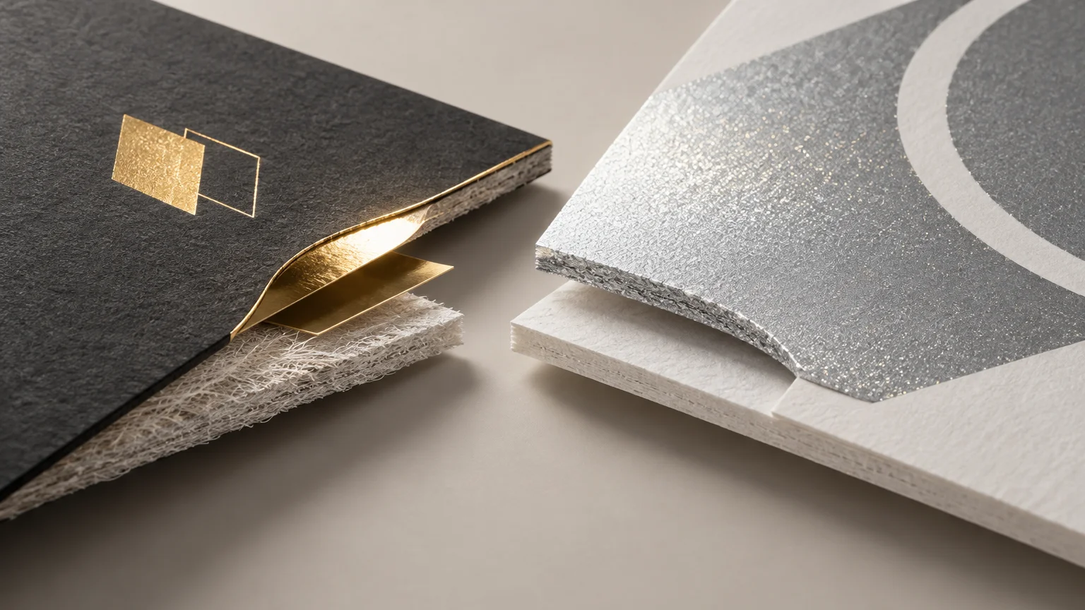 Close-up side-by-side paper cross-sections: a black textured sheet with a lifted gold foil layer on the left and a silver glittery printed surface over white board layers on the right.