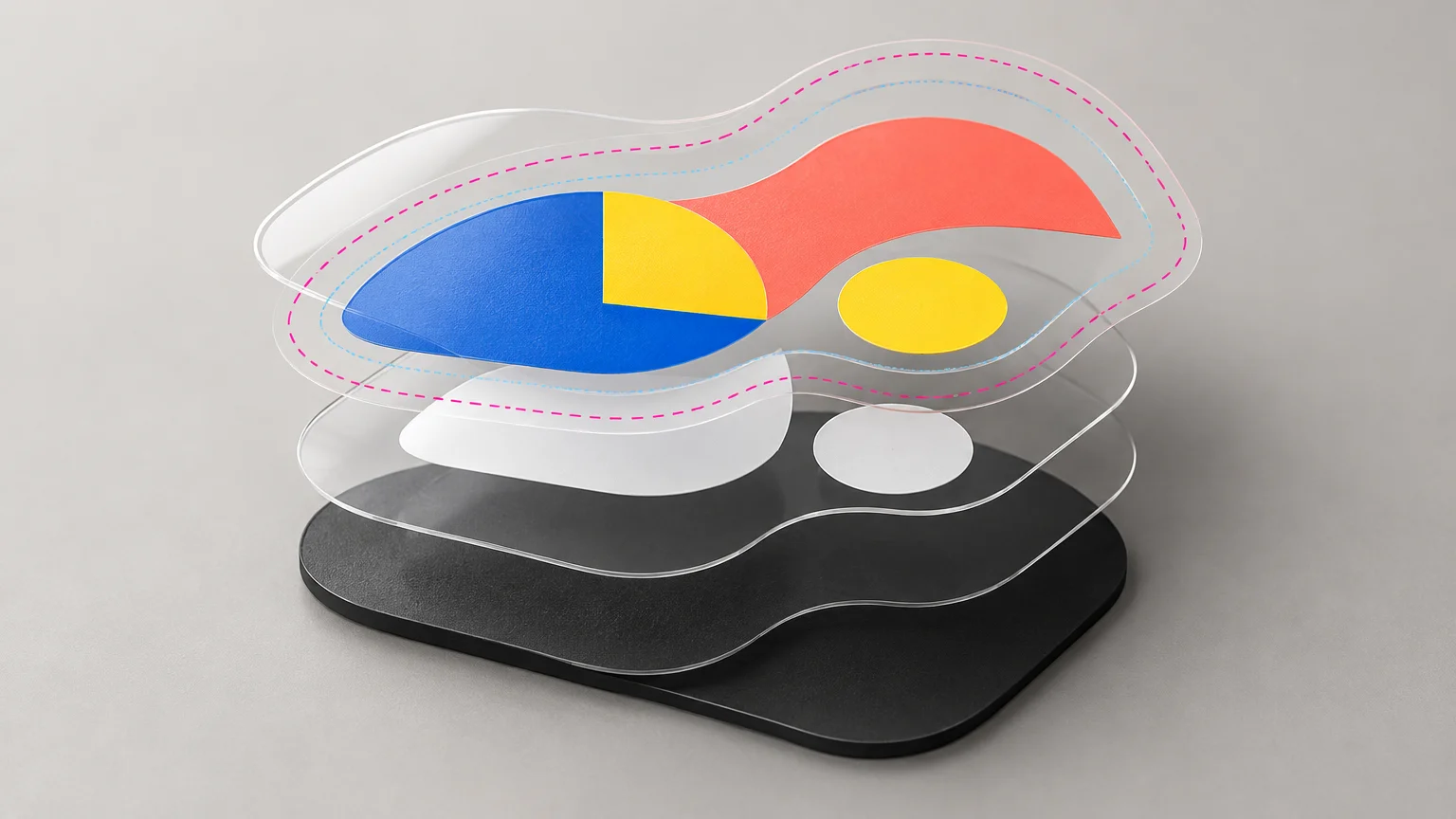 Exploded technical illustration of a clear, irregularly shaped sticker above a dark application surface, showing colored artwork, white-ink underlayers, transparent film, and dashed magenta and blue cut or bleed guides.