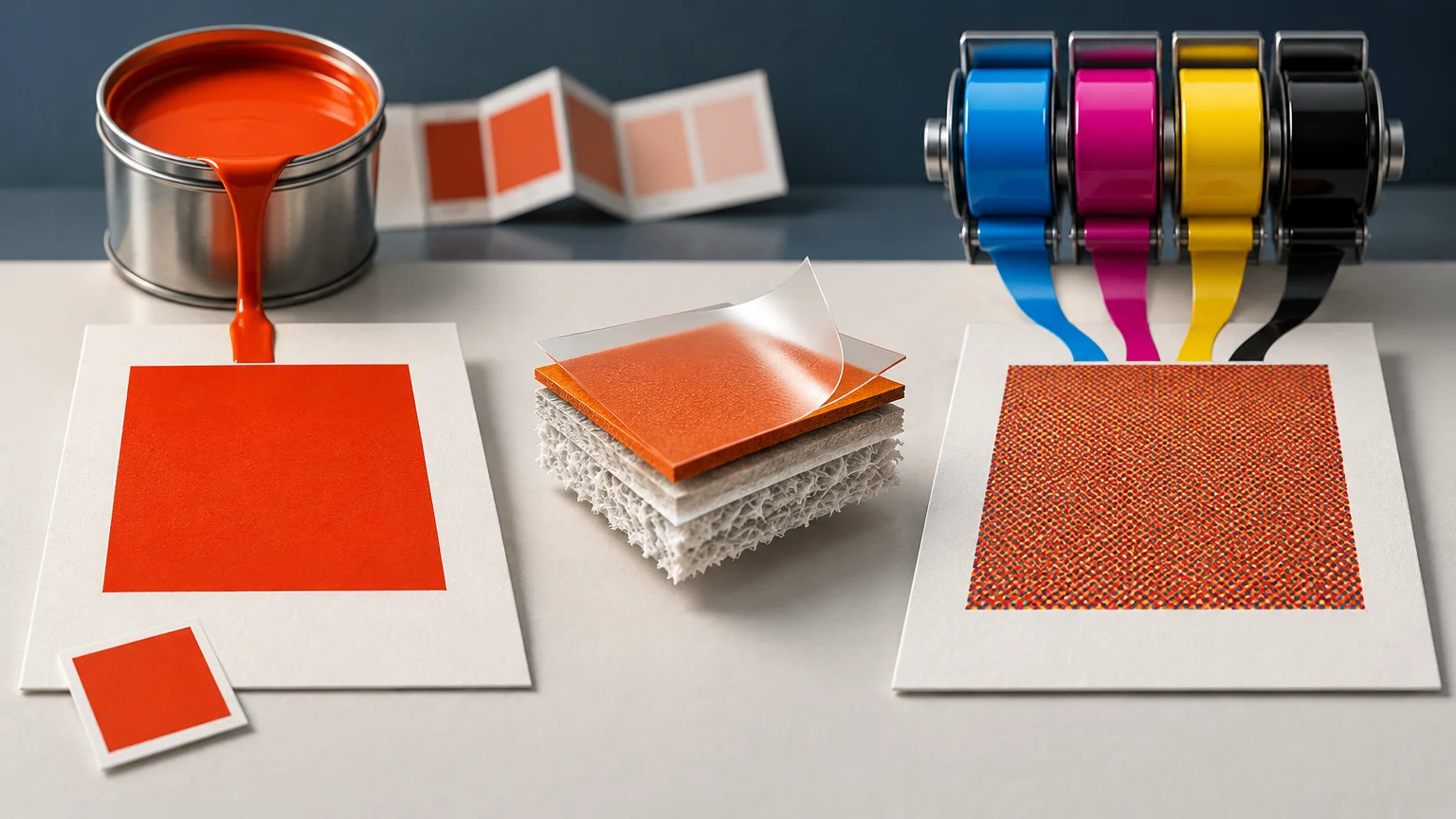 Editorial illustration of an orange ink can pouring onto a solid orange paper swatch beside a layered paper cross-section, with cyan, magenta, yellow, and black ink ribbons feeding a halftone-printed swatch.