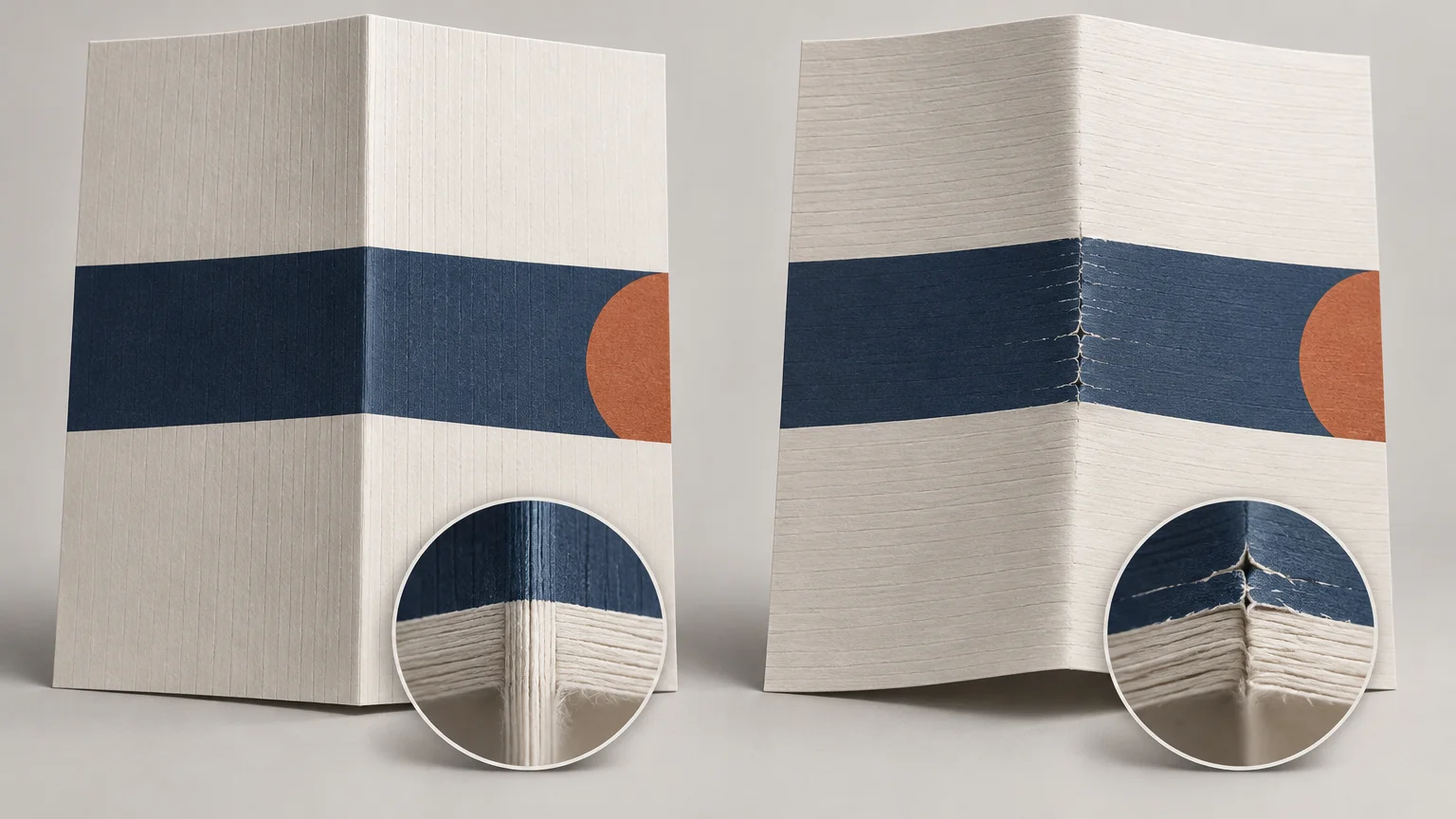 Side-by-side close view of two folded paper sheets with a navy band and rust-orange semicircle: the left vertical fold is smooth, while the right fold is visibly cracked, with circular magnified insets of each crease.