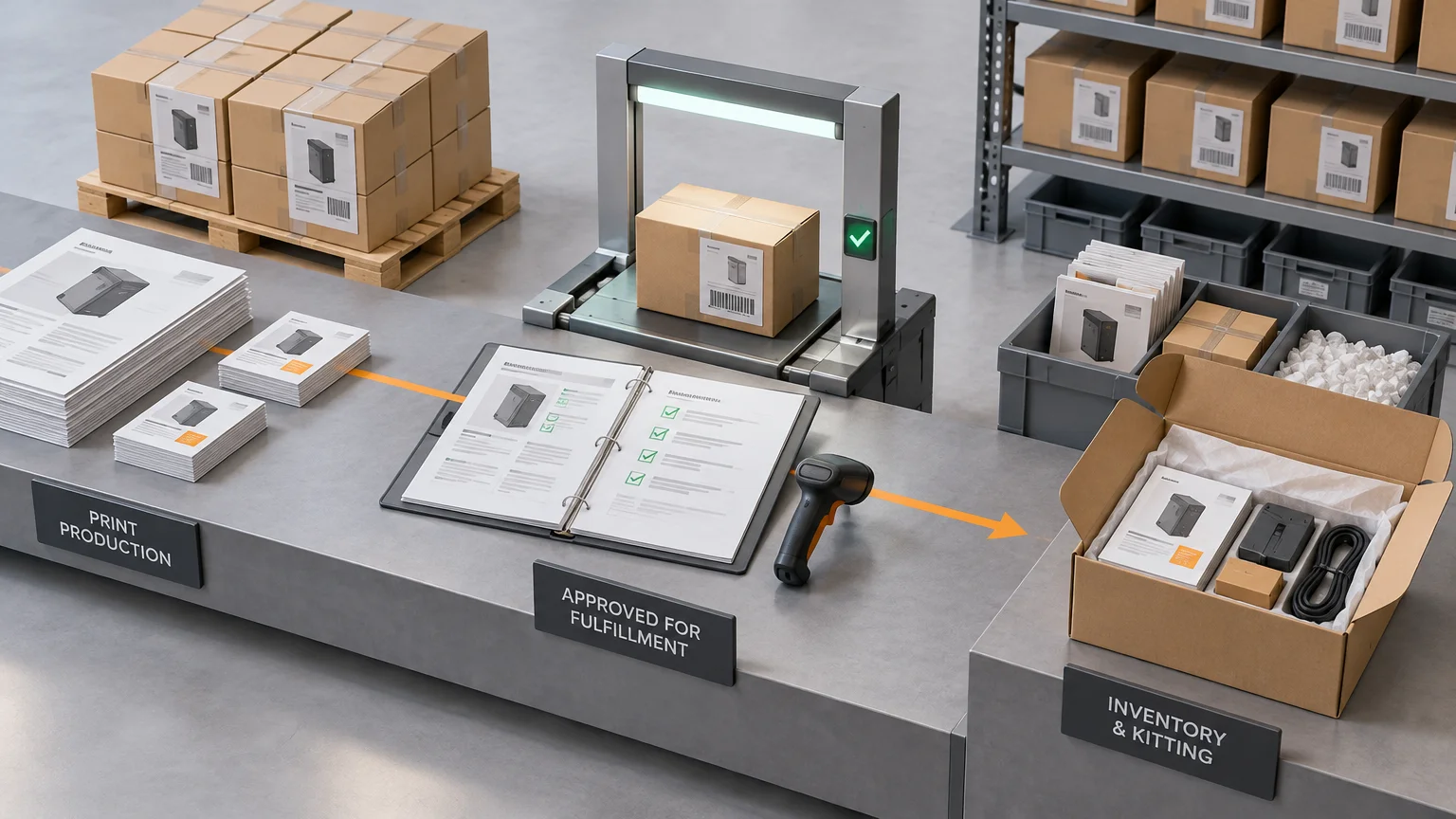 Editorial warehouse illustration showing printed instruction sheets, labeled boxes on a pallet, a barcode scanner, an approval checklist, a package being scanned, and an open fulfillment kit with components and packing material.