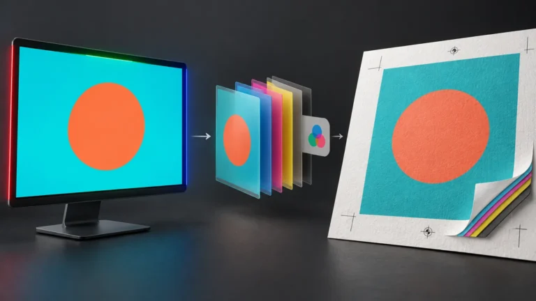 Editorial illustration of a glowing computer monitor with a cyan field and orange circle, flowing through separated cyan, magenta, yellow, and black color layers into a textured printed sheet with crop marks and a curled corner revealing stacked ink-colored layers.
