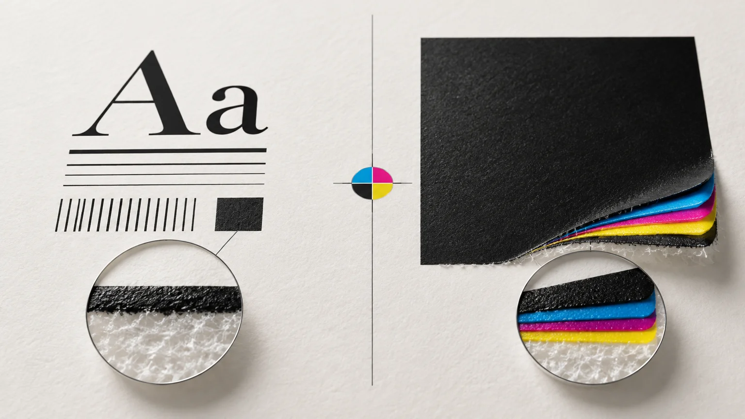 Horizontal editorial illustration comparing single black printing on the left with layered cyan, magenta, yellow, and black paper sheets on the right, with magnified circular detail views and a small CMYK registration target in the center.