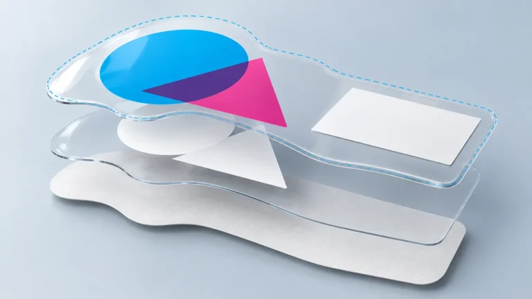 Exploded layered illustration showing transparent irregular sheets, white paper-like layers, a white rectangular panel, and overlapping blue, magenta, and purple shapes on a pale gray background.